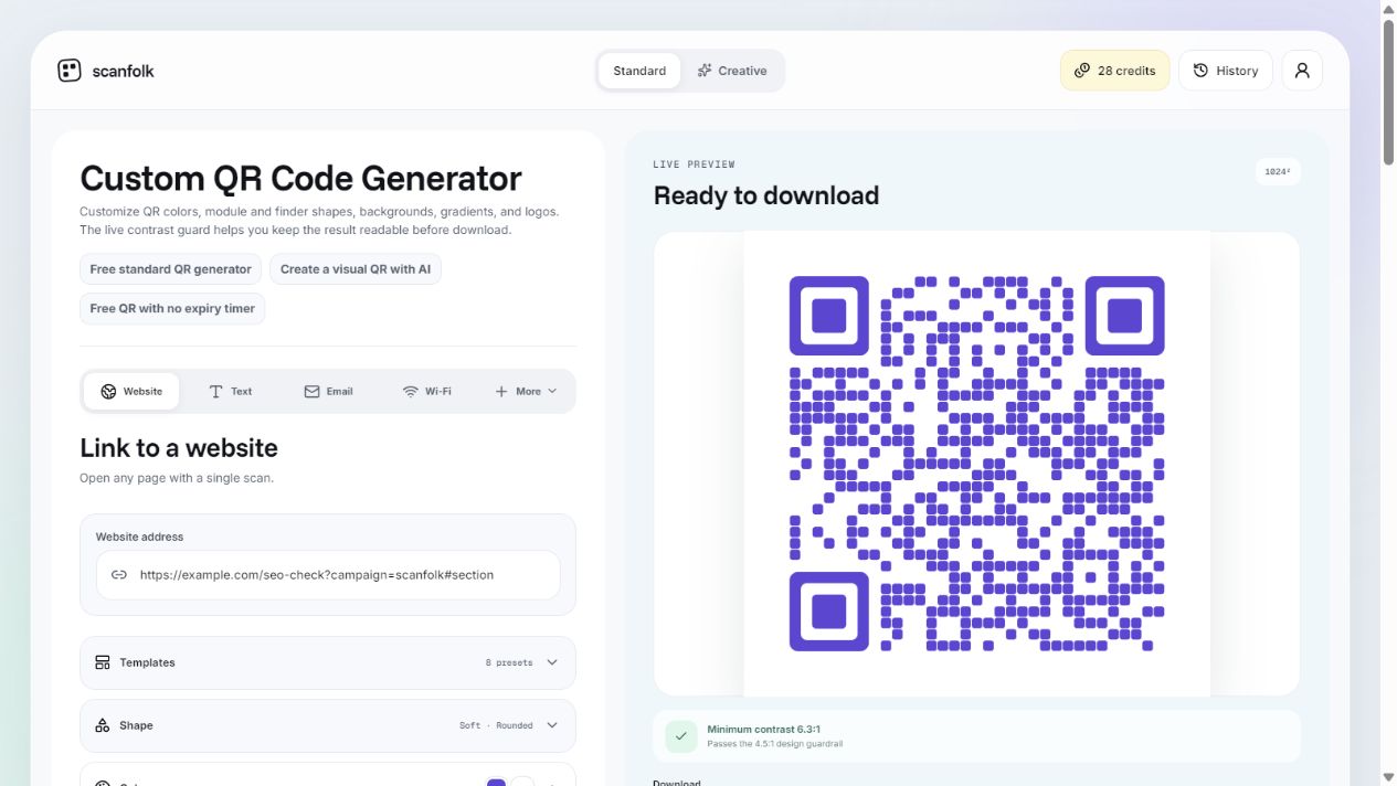 Scanfolk Custom QR generator showing a purple Soft QR, rounded finders, a website address and a 6.3 to 1 contrast check