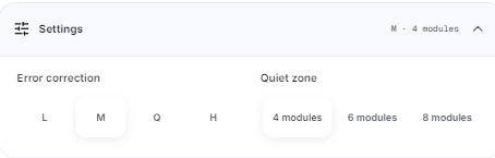 Original Scanfolk Settings panel showing L, M, Q and H, with M and a four-module quiet zone selected