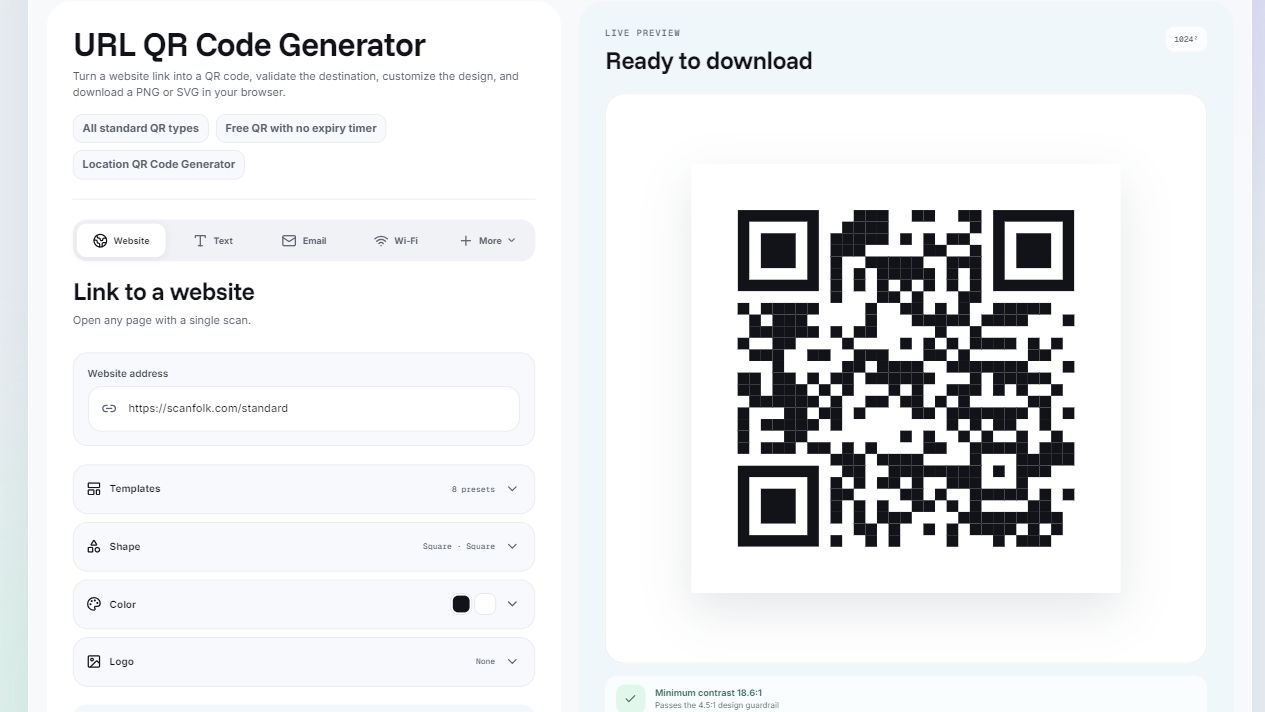 Original Scanfolk URL generator screenshot with a public Standard page address and a Square QR preview